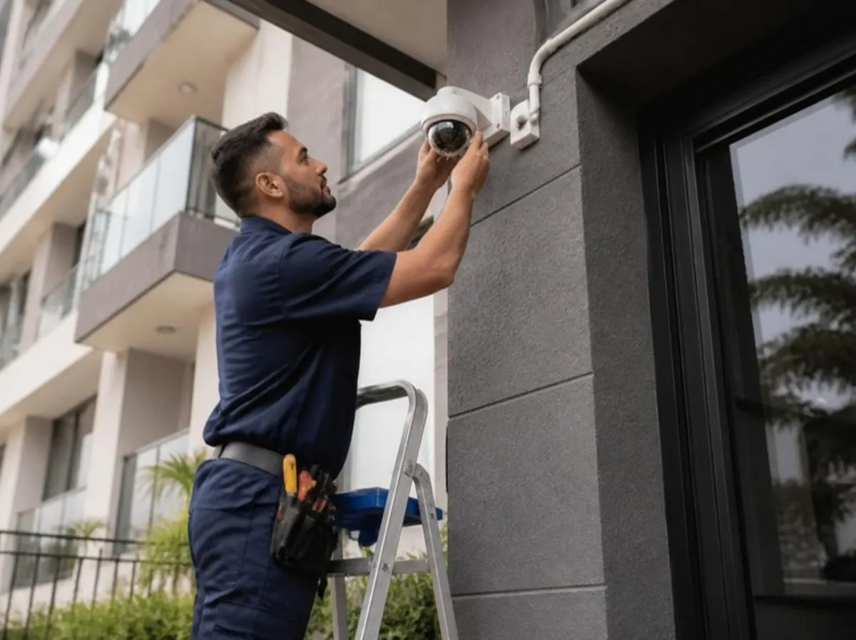 Técnico instalando câmera em prédio comercial