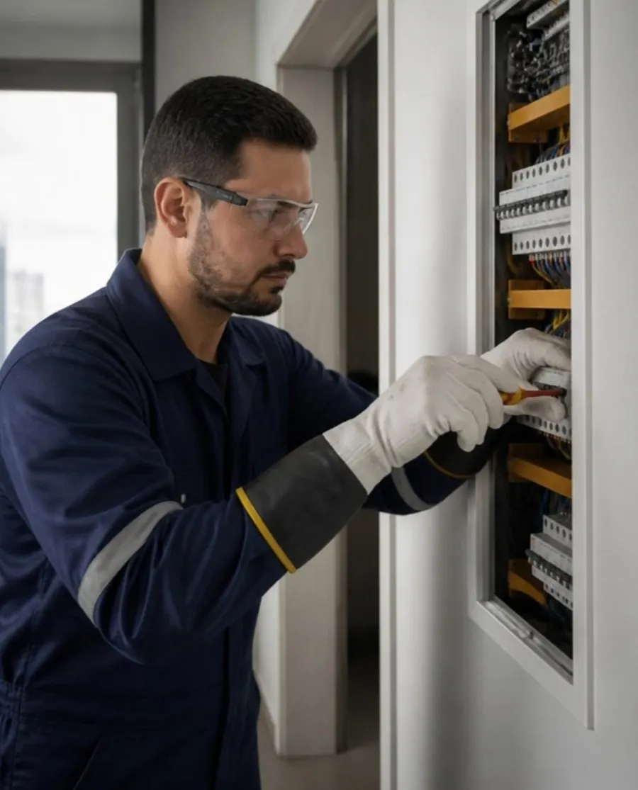 Eletricista com luvas e óculos de proteção trabalhando em quadro de distribuição